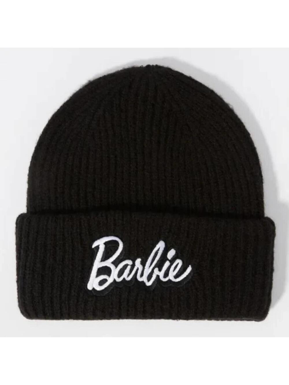 Women’s Black Barbie Knit Beanie Hat, Embroidered Cute Winter Toque Cap